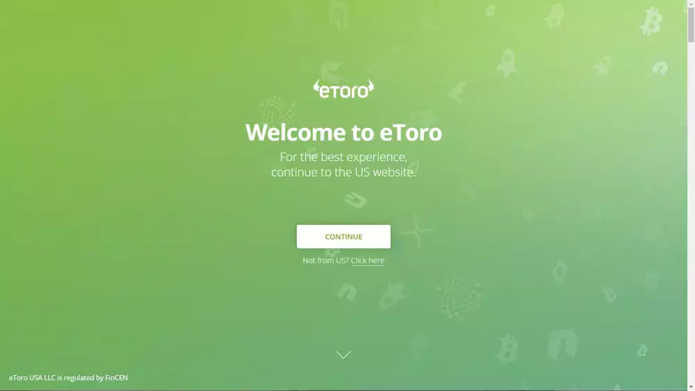 Экран приветствия eToro для жителей США